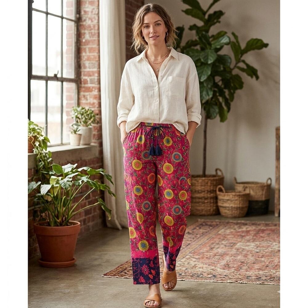 Sundance Cotton Medallion Floral Border Print Tassel Drawstring Boho Pants EUC M - Picture 1 of 8